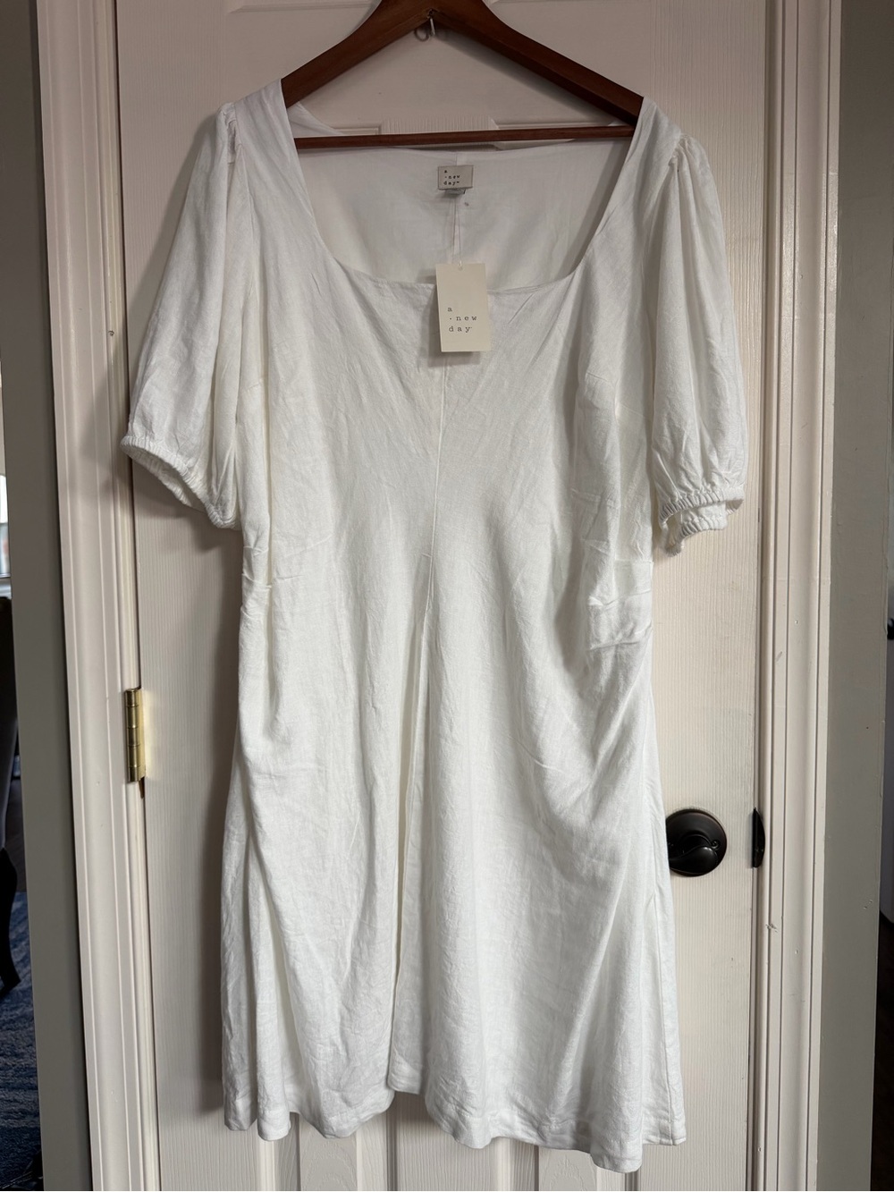 NWT A new day White Scoop Neck Puff Sleeve dress Womens 16 plus linen summer